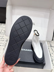 CHANEL 26S ZIPPER BOOTS IN WHITE MIX BLACK FABRIC AND LAMBSKIN