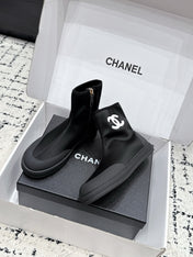 CHANEL 26S ZIPPER BOOTS IN BLACK FABRIC AND LAMBSKIN