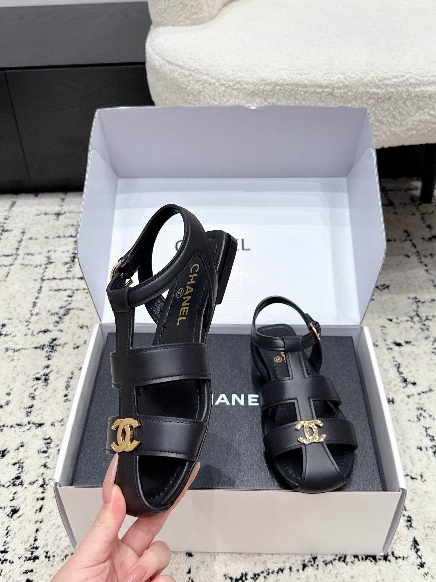 CHANEL 26S SANDALS IN BLACK CALFSKIN WITH GOLD HARDWARE