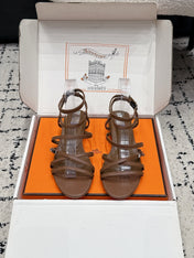 HM 26S STRAPPY SANDALS IN COFFEE BROWN CALFSKIN SILVER HARDWARE