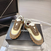 CHANEL 26S LOW TOP SNEAKERS IN BROWN SUEDE AND GREEN FABRIC WITH RUBBER SOLE
