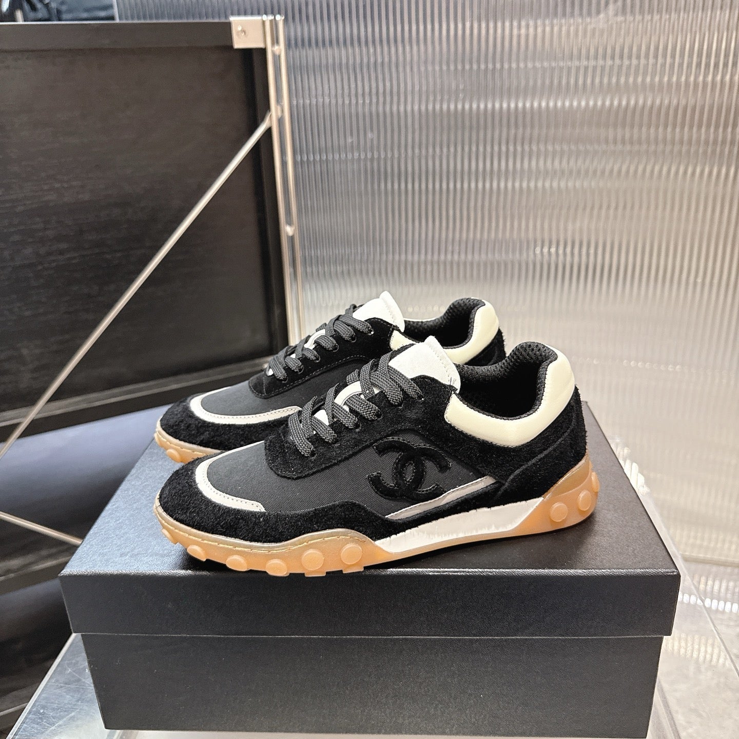 CHANEL 26S LOW TOP SNEAKERS IN BLACK SUEDE AND BLACK FABRIC WITH RUBBER SOLE