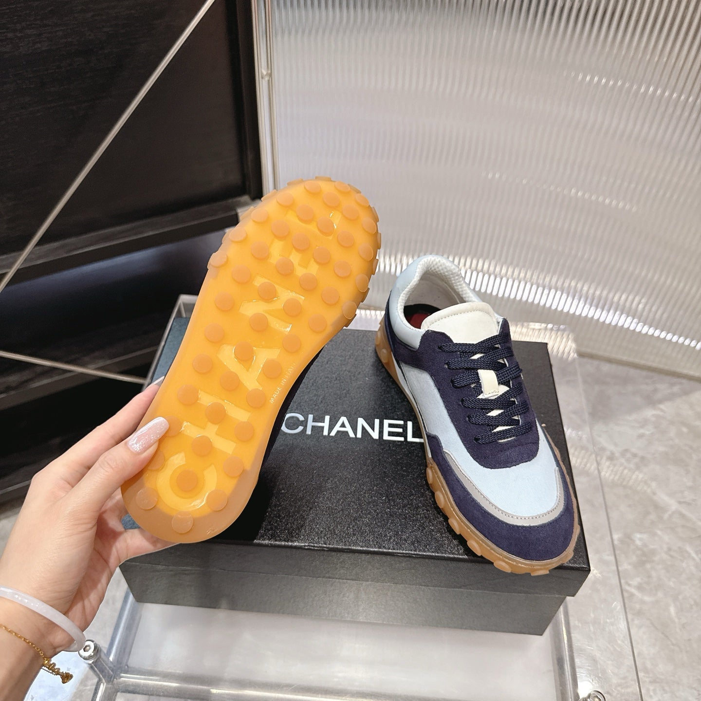 CHANEL 26S LOW TOP SNEAKERS IN NAVY BLUE SUEDE AND WHITE FABRIC WITH RUBBER SOLE