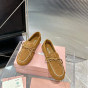 MIUMIU 26S LOAFERS IN TAN BROWN SUEDE WITH BOW