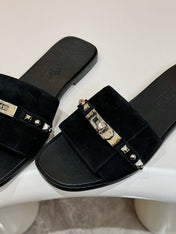 HM 26S GIULIA SANDAL IN BLACK SUEDE AND CALFSKIN SILVER HARDWARE