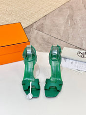 HM 26S H HIGH HEEL SANDALS 90MM IN GREEN GRAINED CALFSKIN