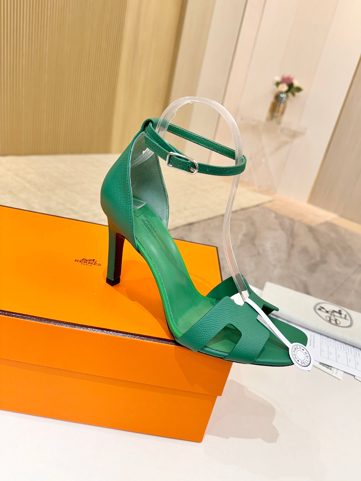 HM 26S H HIGH HEEL SANDALS 90MM IN GREEN GRAINED CALFSKIN