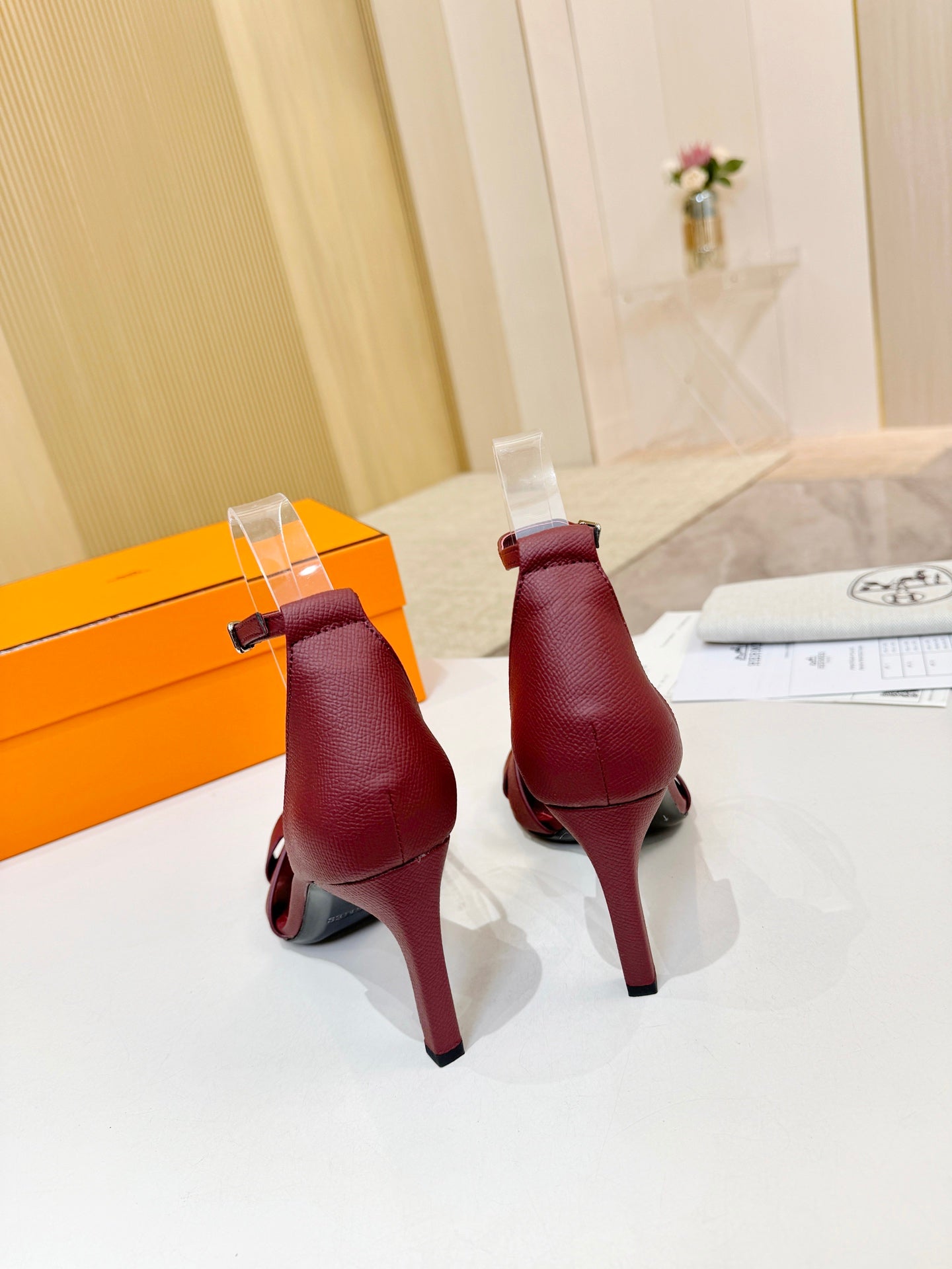 HM 26S H HIGH HEEL SANDALS 90MM IN DARK RED GRAINED CALFSKIN