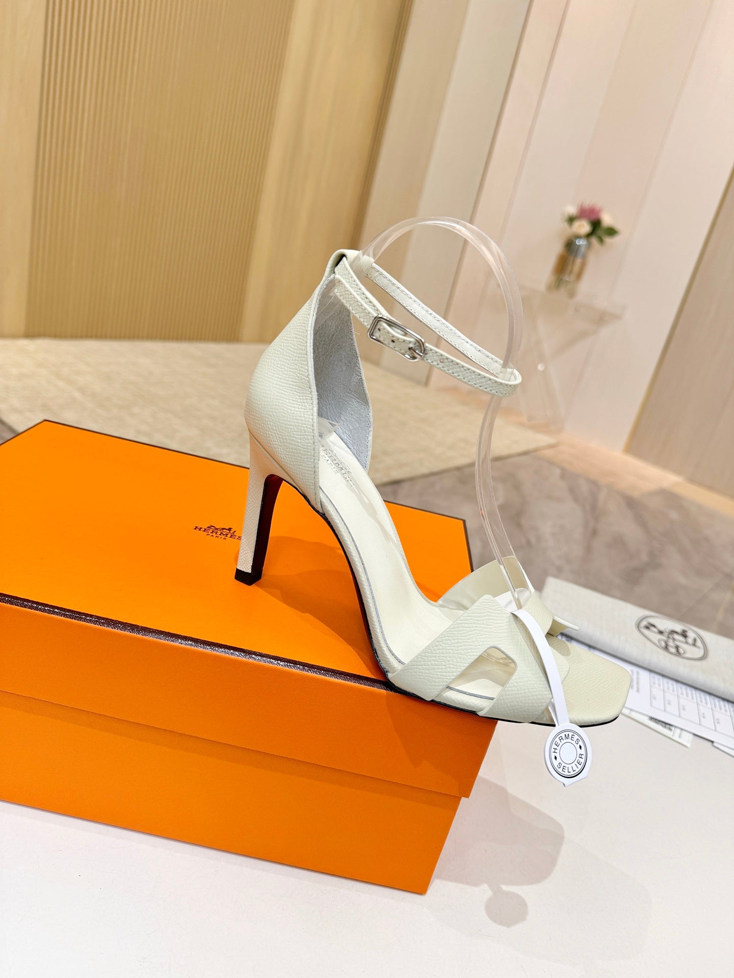 HM 26S H HIGH HEEL SANDALS 90MM IN IVORY WHITE GRAINED CALFSKIN