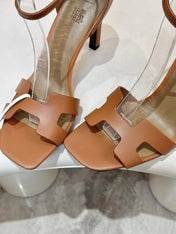 HM 26S H HIGH HEEL SANDALS 90MM IN TAN BROWN CALFSKIN