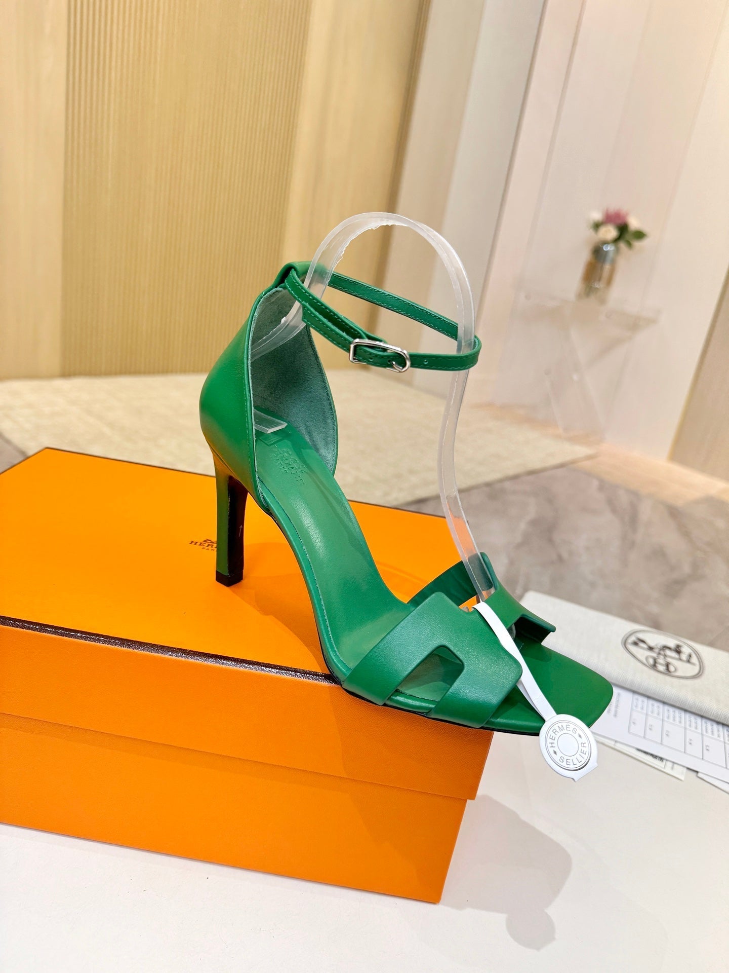 HM 26S H HIGH HEEL SANDALS 90MM IN GREEN CALFSKIN