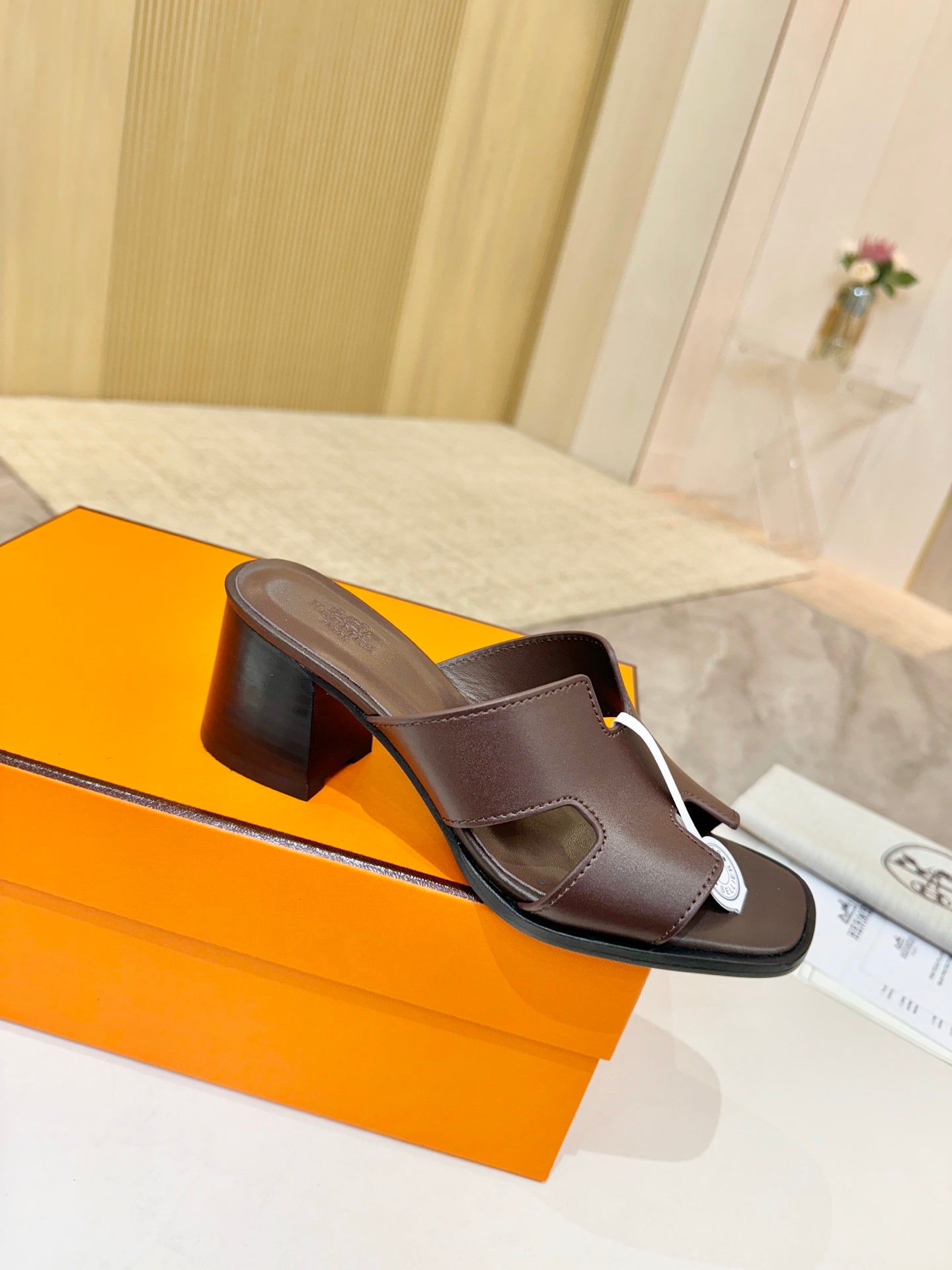 HM 26S HELIA SANDAL 70MM IN DARK BROWN CALFSKIN