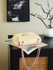CHANEL 26S CLASSIC FLAP MEDIUM 23 IN NATURAL RAFFIA AND LIGHT PURPLE CALFSKIN GOLD HARDWARE