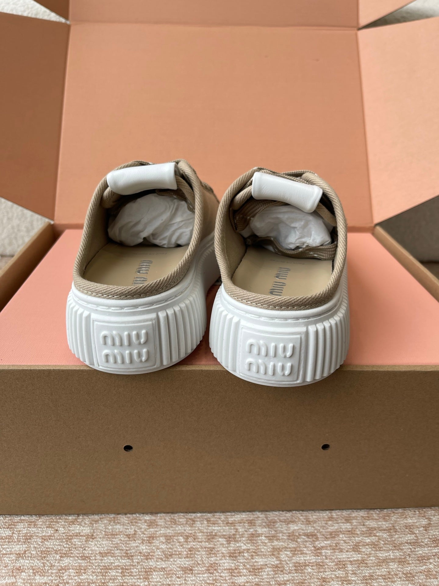 WASH SNEAKER MULES IN DARK BEIGE DENIM STRIPED LACES