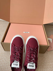 WASH SNEAKER MULES IN BURGUNDY RED DENIM STRIPED LACES