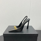 GOLD CHAIN ATTACHED HIGH SLINGBACK IN BLACK SMOOTH LAMBSKIN