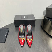 GOLD CHAIN ATTACHED HIGH SLINGBACK IN RED GLOSSY CALFSKIN