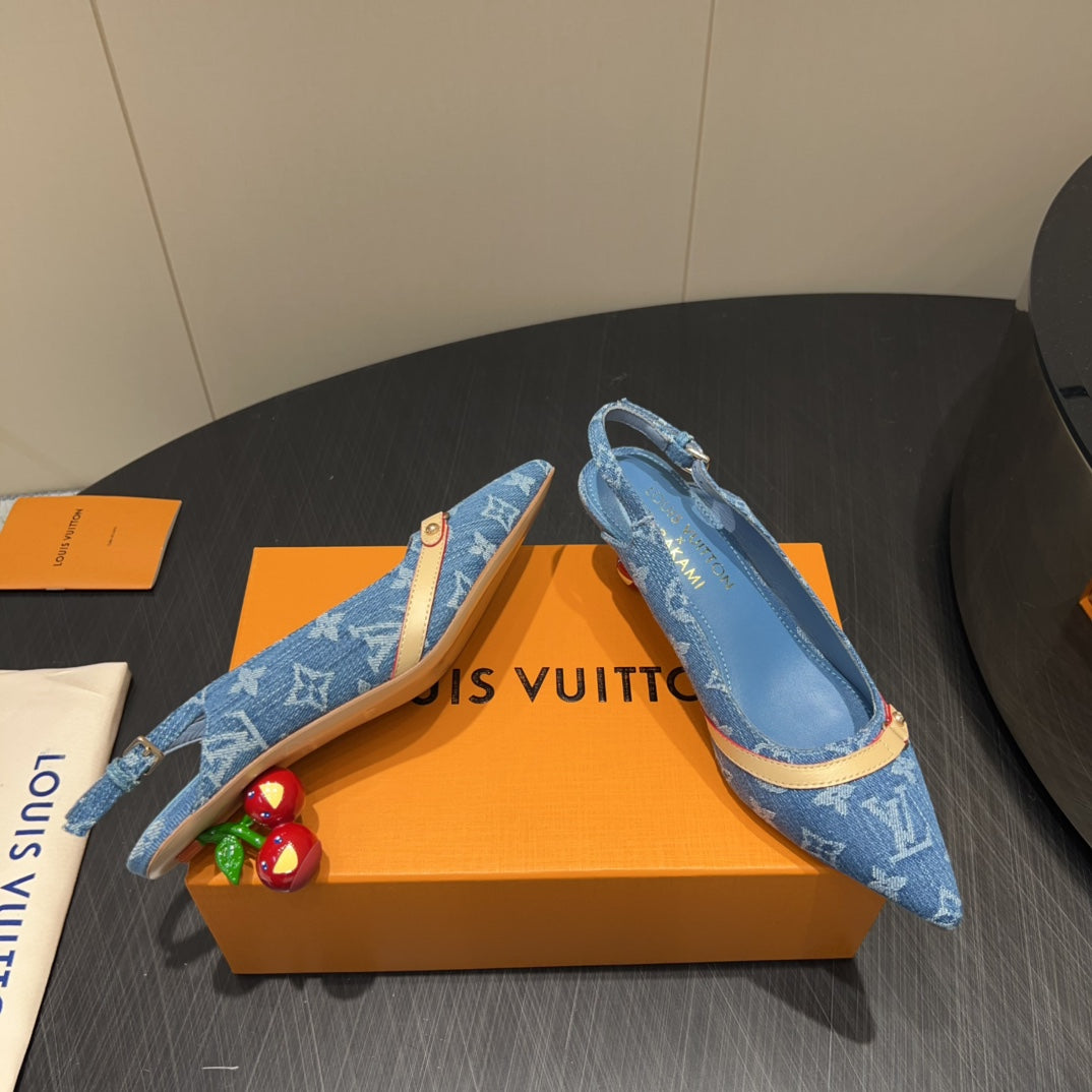 LV HIGH SLINGBACK LOGO PRINT 25S 55MM IN BLUE DENIM