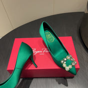 ROGER VIVIER 25S POINTED TOE HIGH HEELS 70MM IN TEAL GREEN SILK EMBELLISHED CRYSTALS