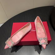 ROGER VIVIER 25S GRETE BALLET FLATS IN BABY PINK SILK WITH EMBELLISHED CRYSTALS