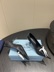PRADA 25S POINTED TOE HIGH HEELS 85MM IN BLACK LAMBSKIN WITH TIE UP DESIGN