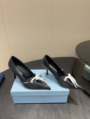 PRADA 25S POINTED TOE HIGH HEELS 85MM IN BLACK LAMBSKIN WITH TIE UP DESIGN