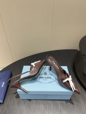 PRADA 25S POINTED TOE SLINGBACK 85MM IN DARK BROWN LAMBSKIN WITH TIE UP DESIGN