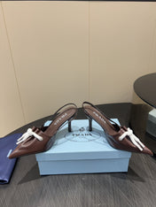 PRADA 25S POINTED TOE SLINGBACK 85MM IN DARK BROWN LAMBSKIN WITH TIE UP DESIGN