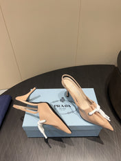 PRADA 25S POINTED TOE SLINGBACK 85MM IN BEIGE LAMBSKIN WITH TIE UP DESIGN