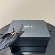 YSL SLINGBACK FLATS 25S IN BLACK SATIN FABRIC WITH GOLD HARDWARE