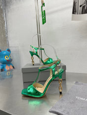 HIGH-HEELED T-STRAP SANDAL IN EMERALD GREEN CALFSKIN
