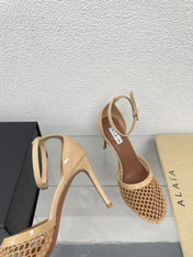 ALAIA HIGH FISHNET 9 CM PUMPS IN EGG NOG MESH