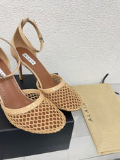 ALAIA HIGH FISHNET 9 CM PUMPS IN EGG NOG MESH