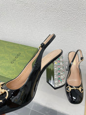 GG WOMEN'S HORSEBIT SLINGBACK 95MM IN BLACK CALFSKIN WITH RHINSTONES
