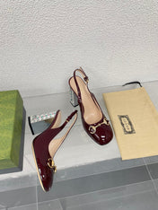 GG WOMEN'S HORSEBIT SLINGBACK 95MM IN WINE RED CALFSKIN WITH RHINSTONES
