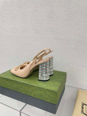 GG WOMEN'S HORSEBIT SLINGBACK 95MM IN TAN BEIGE CALFSKIN WITH RHINSTONES