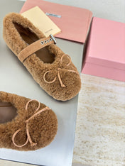 SHEARLING BALLET FLAT BROWN WITH SUEDE STRAP