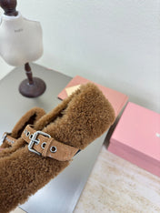 SHEARLING BALLET FLAT BROWN WITH SUEDE STRAP