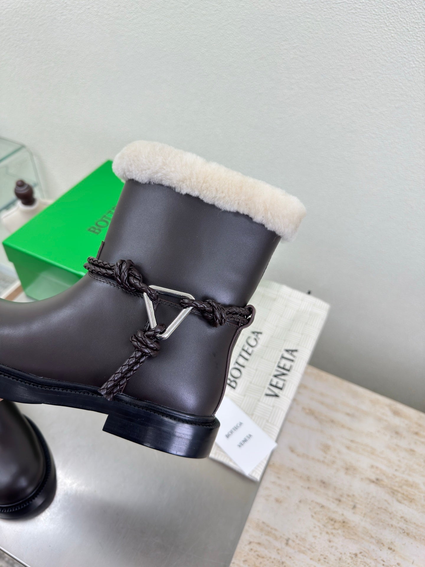 BOTTEGA VENETA 26S FUR-LINED BOOTS IN DARK BROWN CALFSKIN AND WHITE WOOL