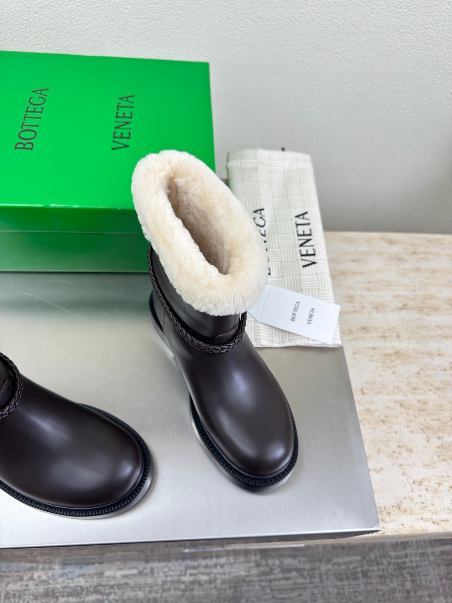 BOTTEGA VENETA 26S FUR-LINED BOOTS IN DARK BROWN CALFSKIN AND WHITE WOOL