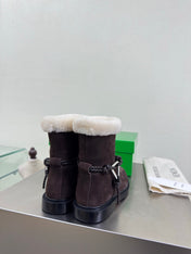 BOTTEGA VENETA 26S FUR-LINED BOOTS IN DARK BROWN SUEDE AND WHITE WOOL