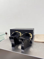 ALAIA 26S DOUBLE STRAP WEDGE SANDALS 110 MM IN BLACK GLOSSY CALFSKIN WITH GOLD HARDWARE