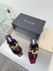 ALAIA 26S DOUBLE STRAP WEDGE SANDALS 110 MM IN DARK RED GLOSSY CALFSKIN WITH GOLD HARDWARE