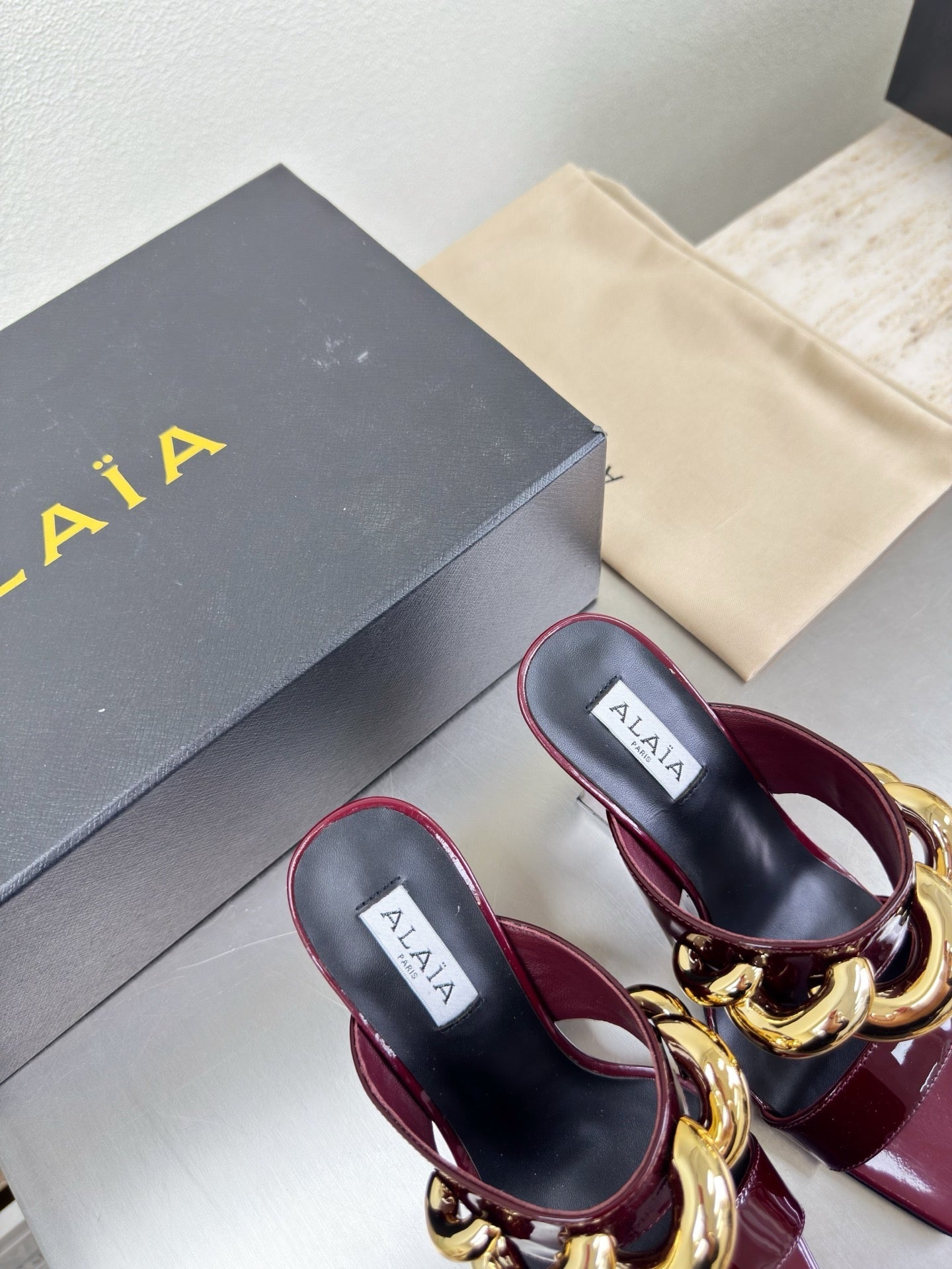 ALAIA 26S DOUBLE STRAP WEDGE SANDALS 110 MM IN DARK RED GLOSSY CALFSKIN WITH GOLD HARDWARE