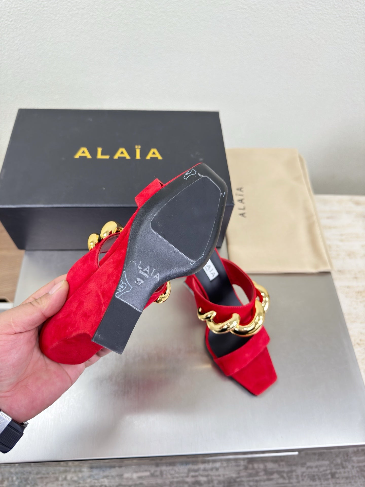 ALAIA 26S DOUBLE STRAP WEDGE SANDALS 110 MM IN RED SUEDE WITH GOLD HARDWARE