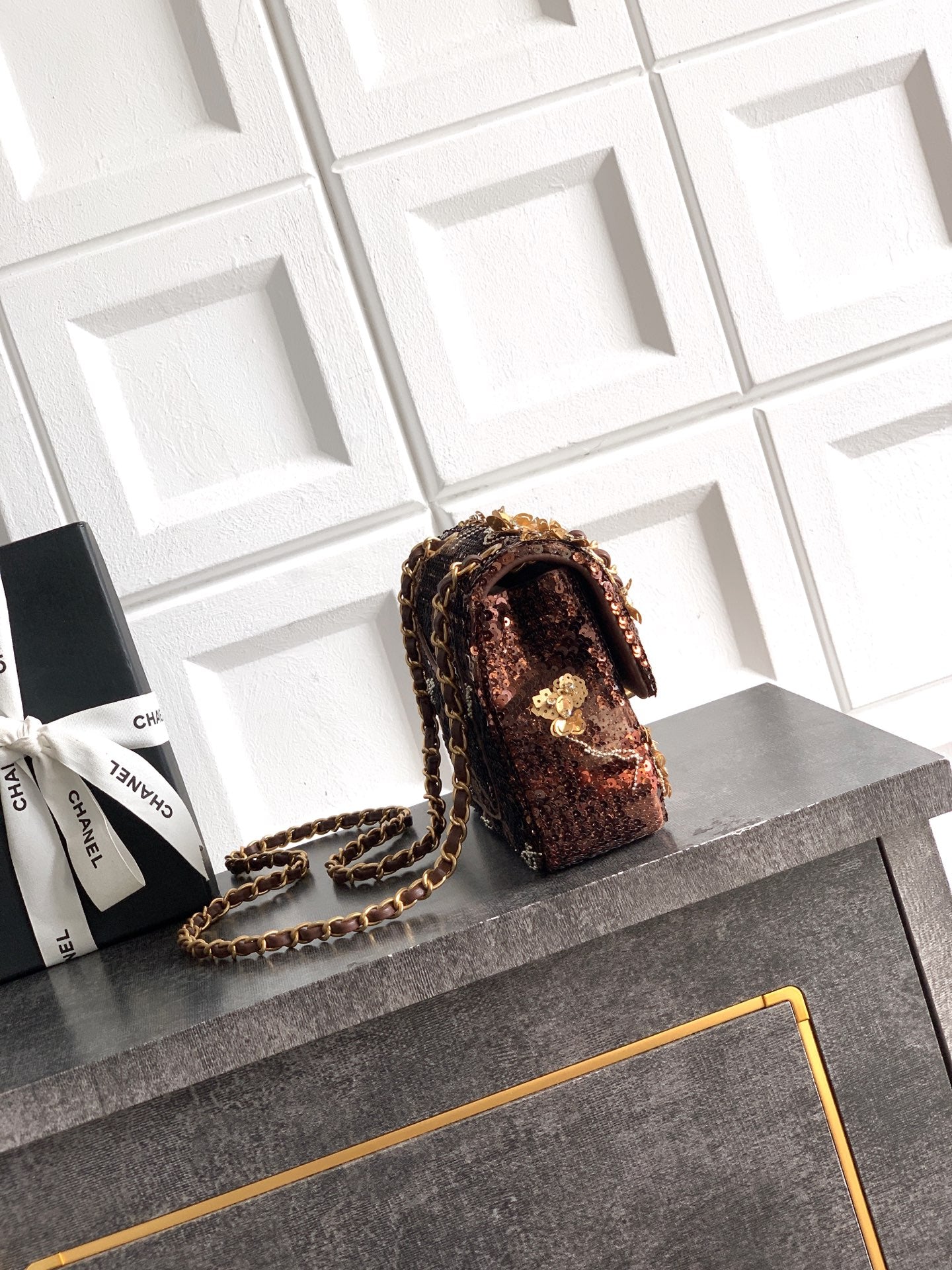 CHANEL 26S FLORAL SEQUIN CLASSIC FLAP 21 IN BROWN BRONZE SEQUIN GOLD HARDWARE