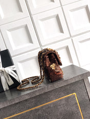 CHANEL 26S FLORAL SEQUIN CLASSIC FLAP 21 IN BROWN BRONZE SEQUIN GOLD HARDWARE