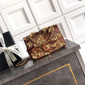 CHANEL 26S FLORAL SEQUIN CLASSIC FLAP 21 IN BROWN BRONZE SEQUIN GOLD HARDWARE