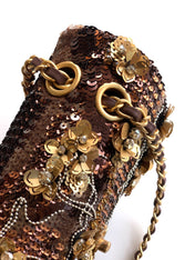 CHANEL 26S FLORAL SEQUIN CLASSIC FLAP 21 IN BROWN BRONZE SEQUIN GOLD HARDWARE
