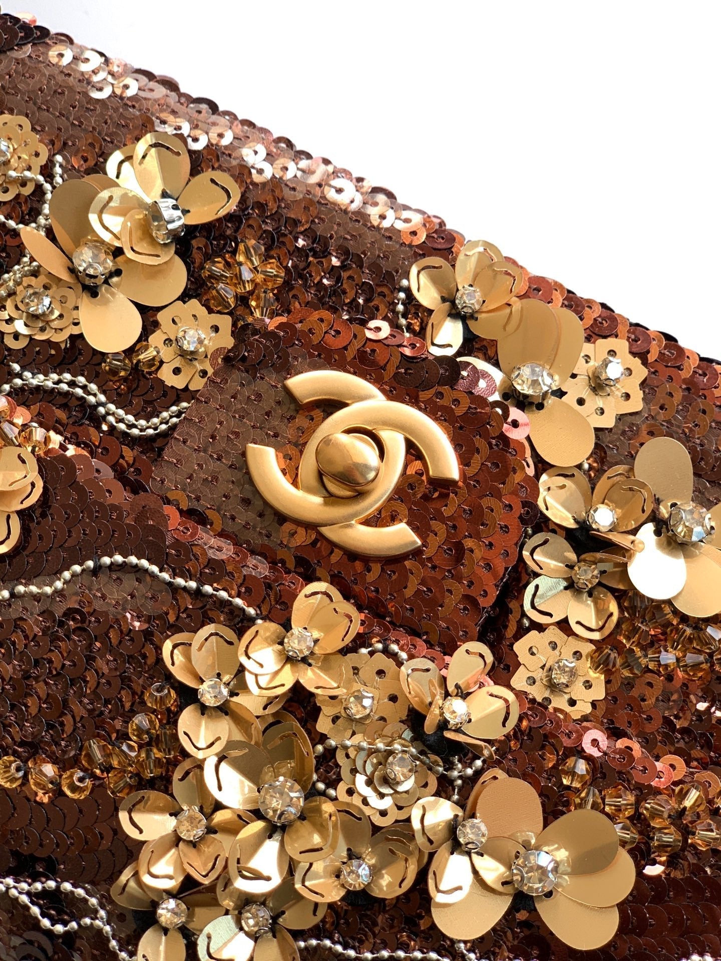 CHANEL 26S FLORAL SEQUIN CLASSIC FLAP 21 IN BROWN BRONZE SEQUIN GOLD HARDWARE